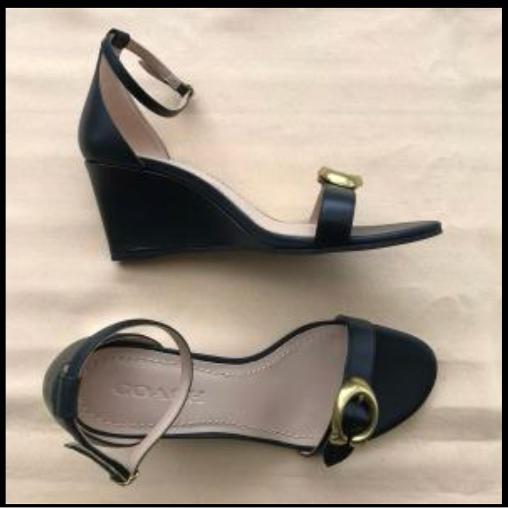 Coach Black Wedge Sandals with Gold Accents
